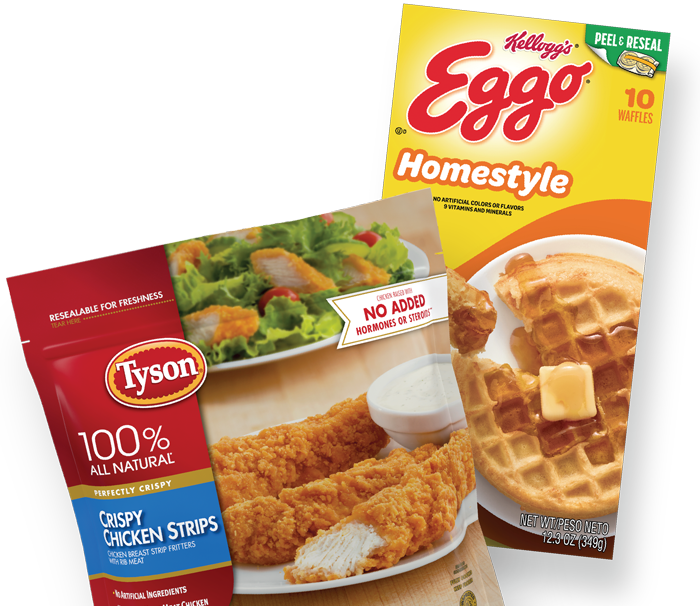 Eggo waffles and Tyson chicken packages